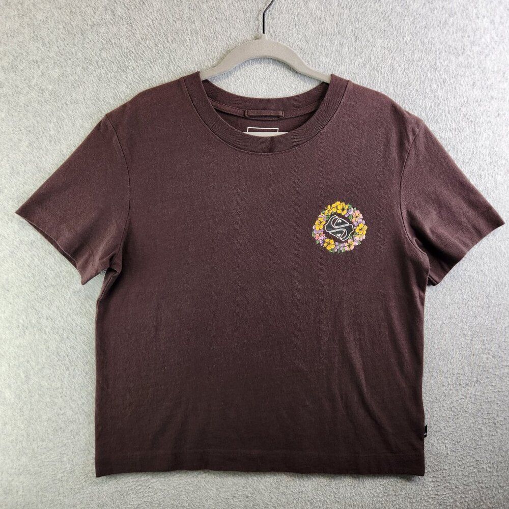 Quiksilver T Shirt Womens L Brown Skull Flowers Standard Crop Fit Tee Top - Picture 2 of 12